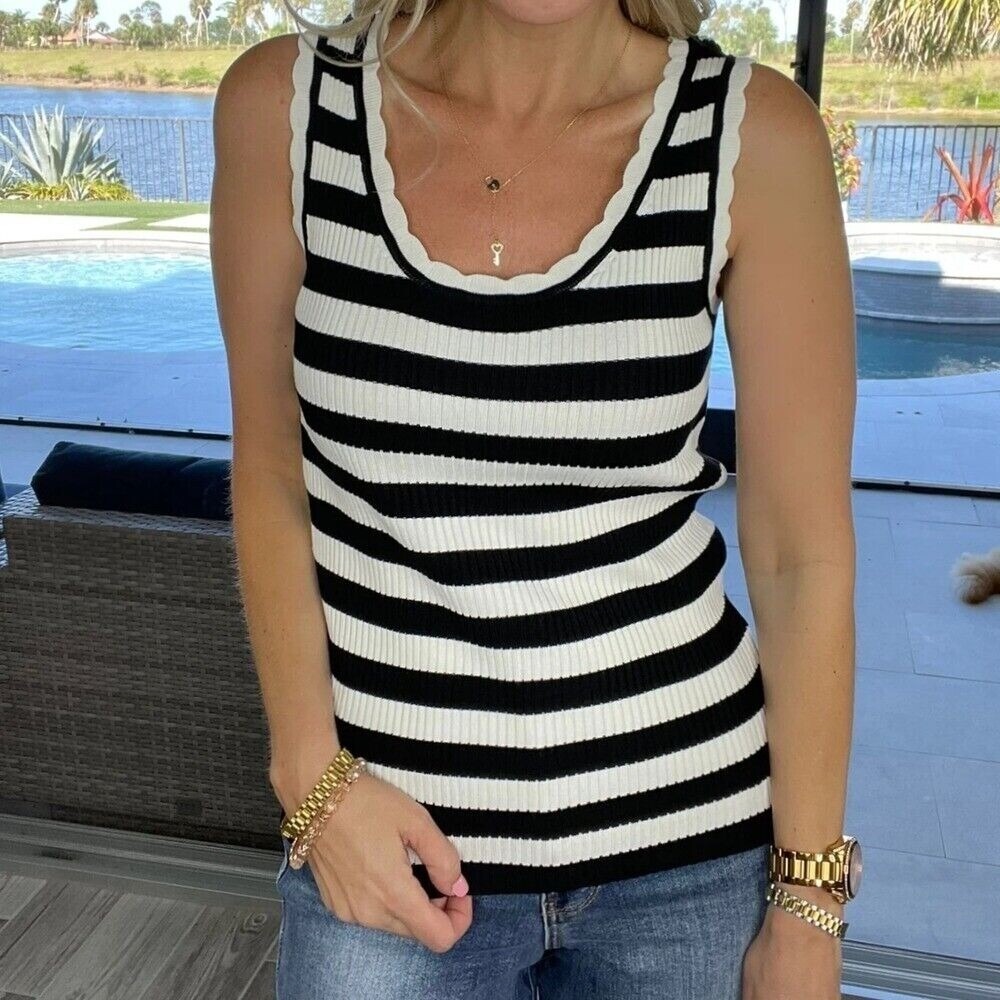 White & Black Striped Tank Top‎ Lightweight Stretchy Sweater NWOT